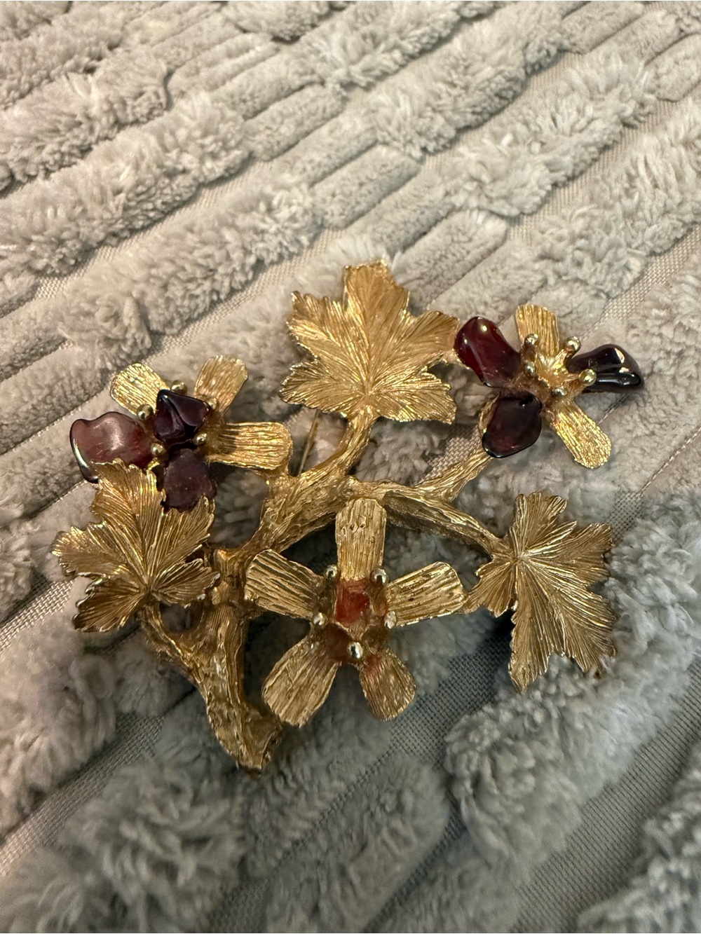 Swoboda Gold Floral Leaf Brooch with Burgundy Accents - Women Jewelry